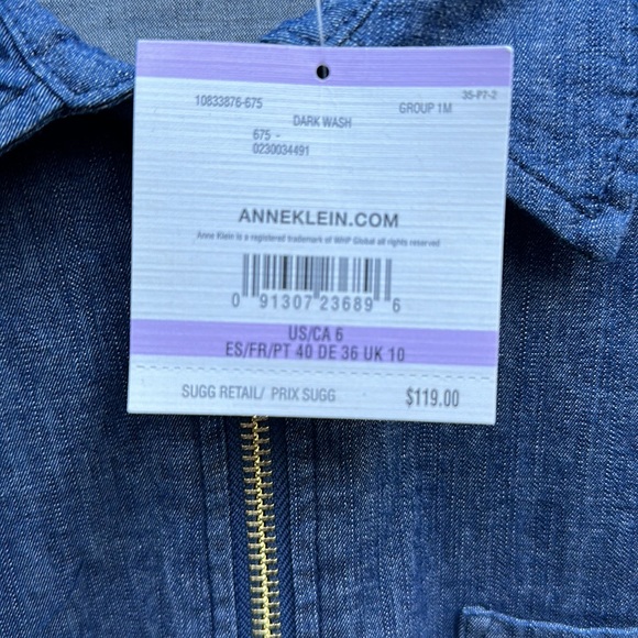 🆕Anne Kline Dark Wash denim midi dress gold zipper & button accents with logo 6 - Picture 7 of 7